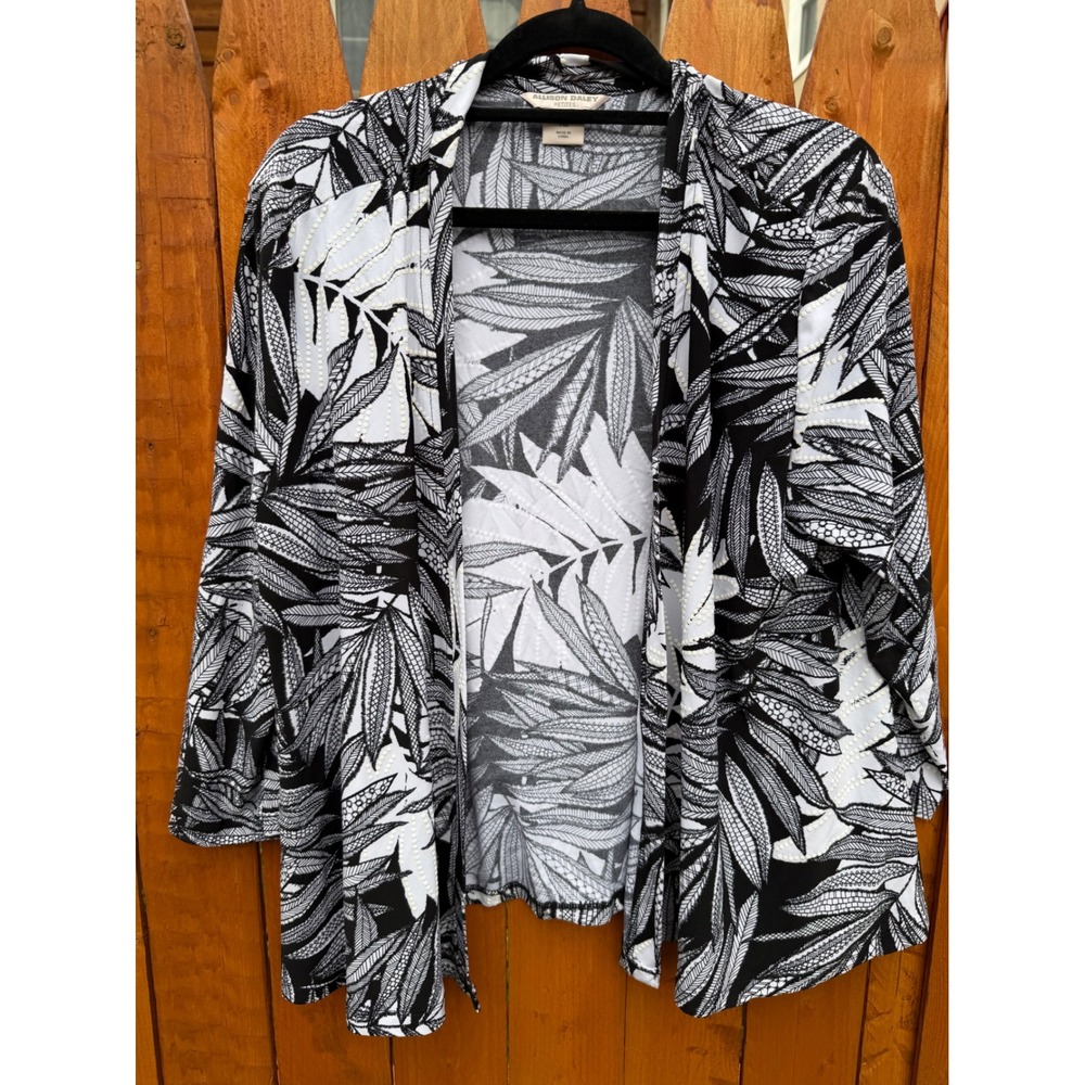 Allison Daley Petites Black White Tropical Leaf Studded Open Front Cardigan PM